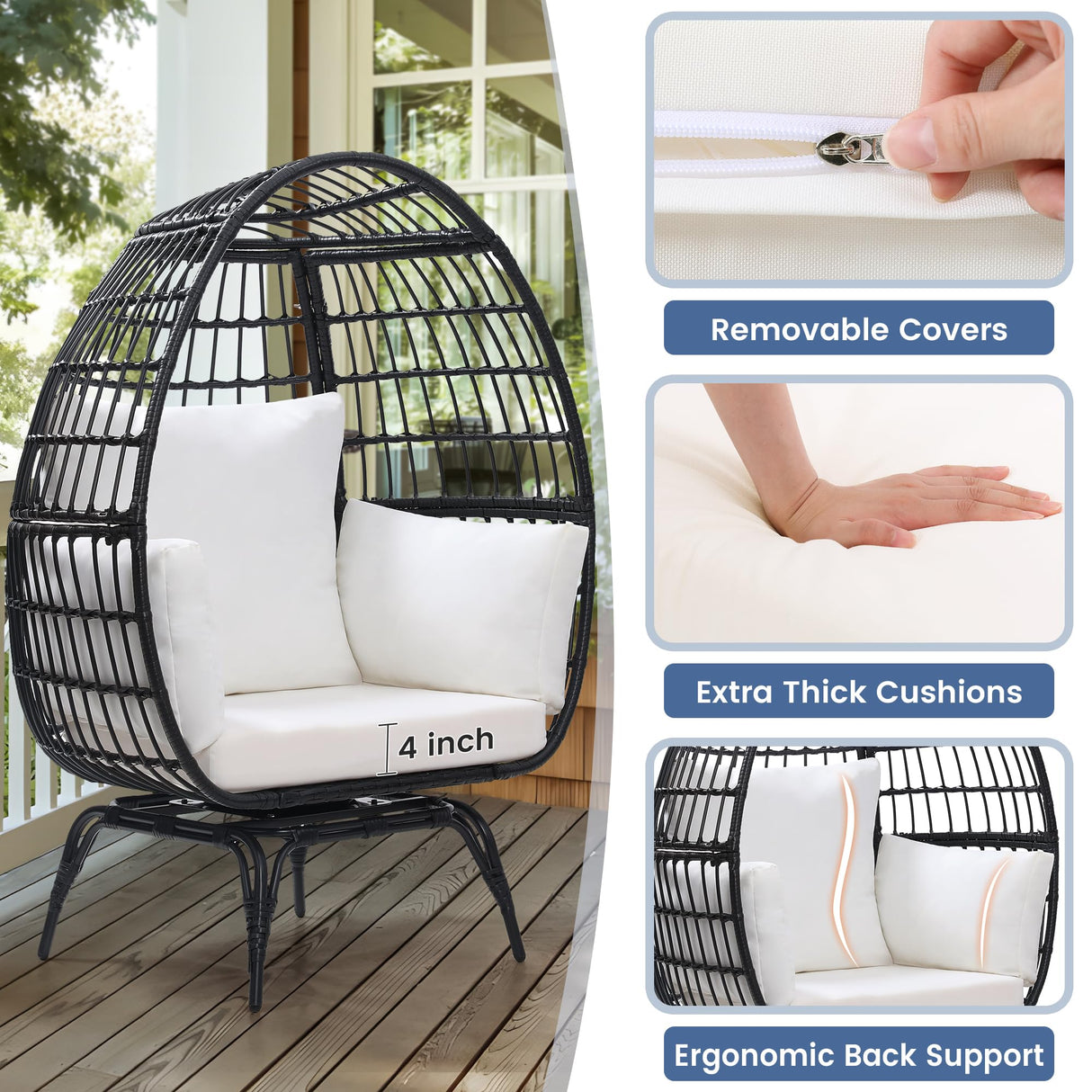 Murago Oversized 360 Swivel Rattan Egg Chair for Adult, Indoor Outdoor Patio Large Wicker Egg Chair with overstuffed Cushions, 440lb Weight Capacity, Black Rattan with Beige Cushion Murago