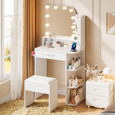wanan Small Makeup Vanity Desk with Mirror and Lights, Compact Vanity with Chair and Charging Station, 3 Color Lighting Modes for Small Space,White