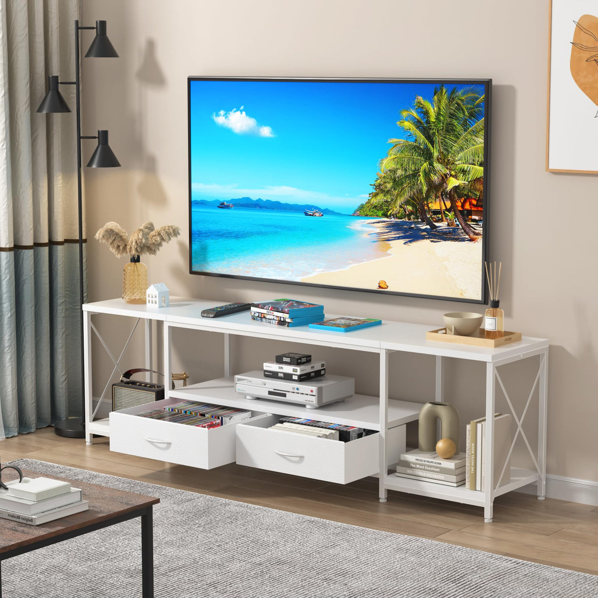 GYIIYUO TV Stand with Fabric Drawers for 55 60 65 Inches TV - Entertainment Center and Industrial TV Console Table with Open Storage Shelves for Living Room, Bedroom - 55.1" White GYIIYUO