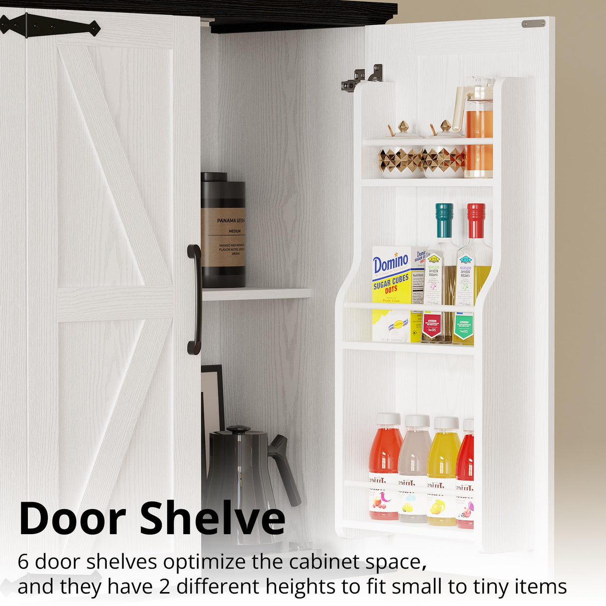 IRONCK Farmhouse Kitchen Pantry Cabinet, Tall Storage Cabinet with 6 Hanging Shelves and Adjustable Shelves, Freestanding Cupboard with Barn Doors for Kitchen, Dining Room,White/Black IRONCK