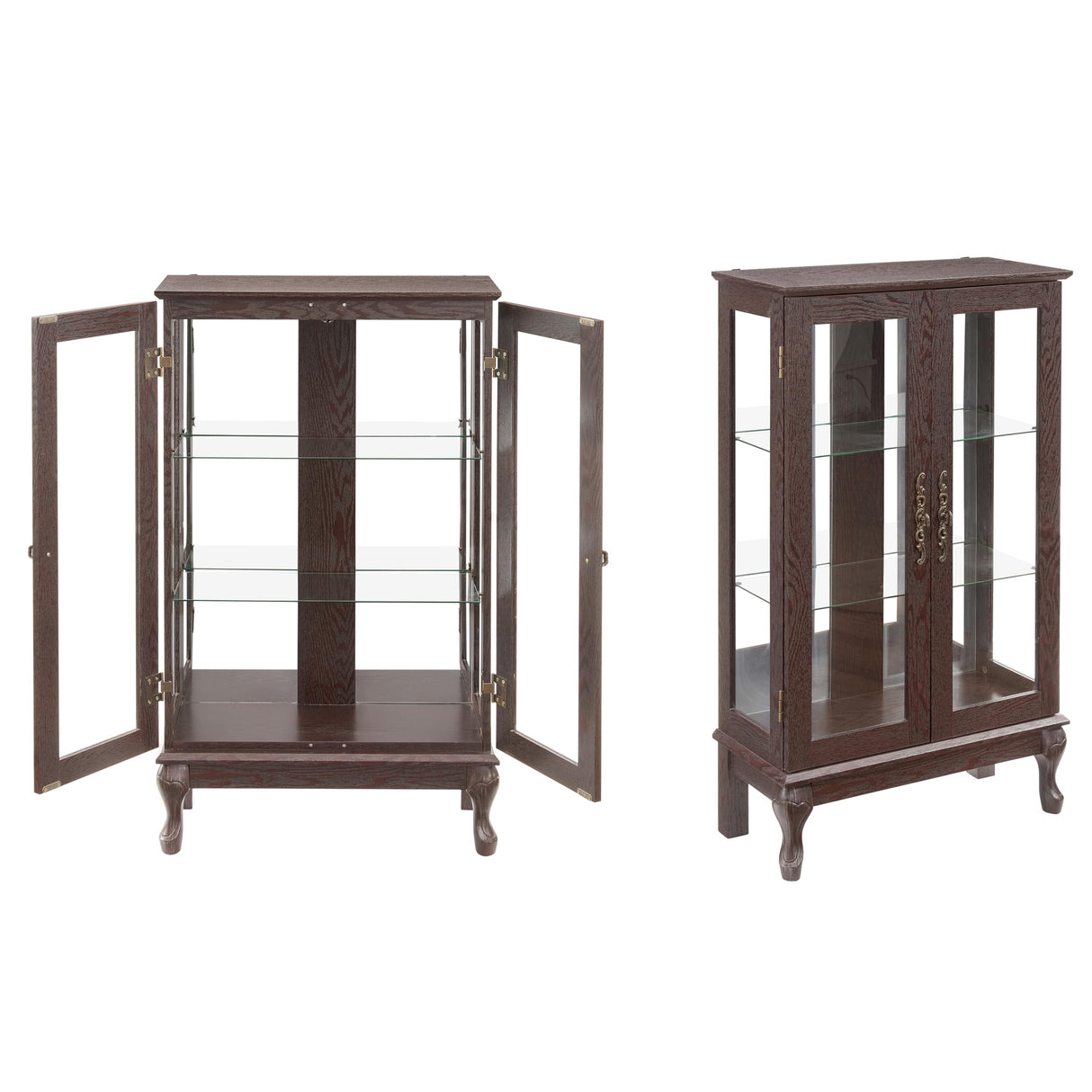 lunhung 3-Tier Lighted Glass Display Curio Cabinet with 2 Tempered Glass Doors,Curio Case with Mirrored Back Panel & Adjustable Shelves,Wine Artwork Display Cabinet for Living Room,Kitchen(Cherry) lunhung