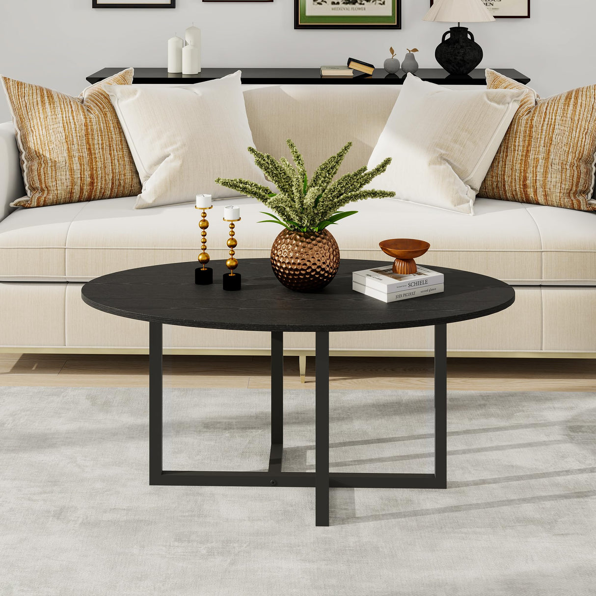 VERFARM Oval Coffee Table for Living Room, Center Table Tea Table with Metal Frame for Living Room Home Office, Small Space, Easy Assembly, Black VERFARM