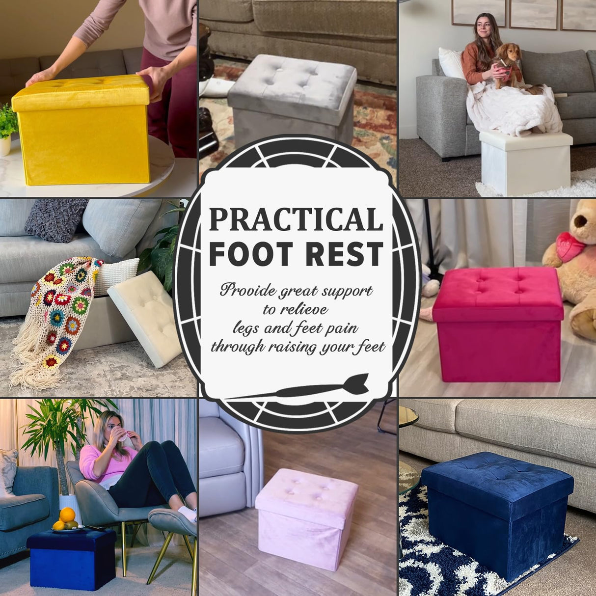 LINMAGCO Storage Ottoman Folding Foot Stool Velvet Ottoman Foot Rest with Padded Modern Ottoman with Storage for Living Room Puppy Step Stool 17x13x13in(Black) LINMAGCO