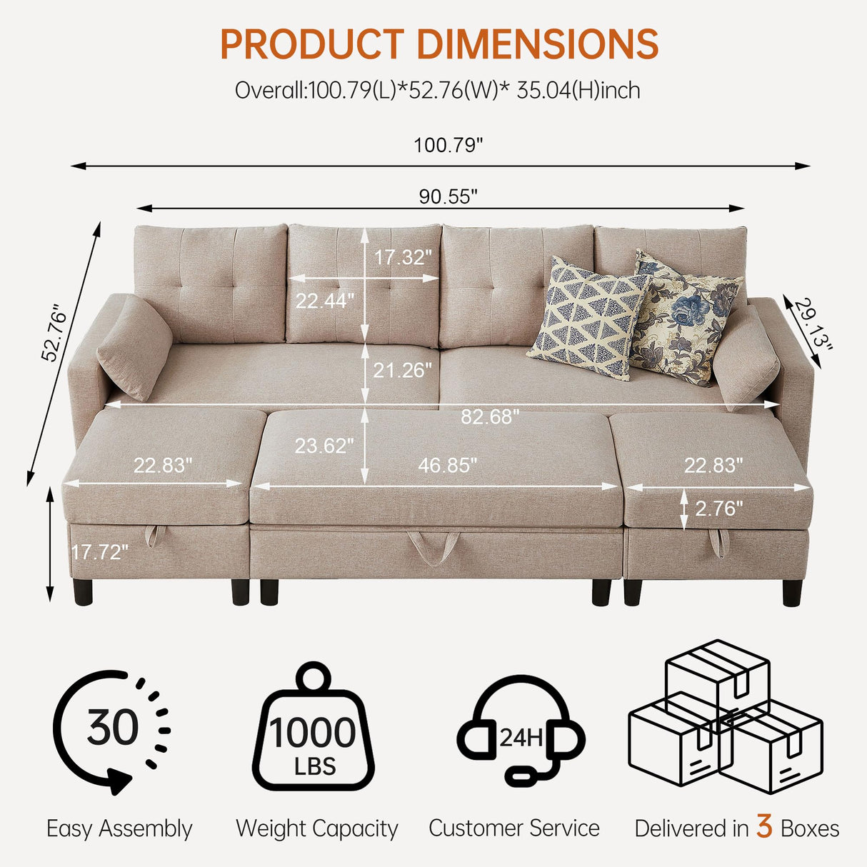 Convertible Sectional Sleeper Sofa with Storages, 100" U Shaped 4 Seater Couch with 2 Movable Ottomans and 1 Ottoman Bench Polyester Fibre for Living Room, Beige Soscana