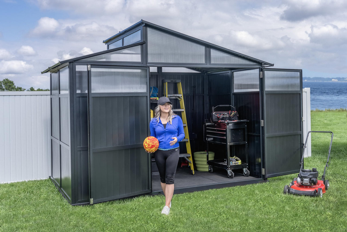 Sojag Rainier Aluminum Frame Storage Shed, Galvanized Steel Roof for Equipment Protection, Polycarbonate Panels for Natural Light, 8' x 11' Sojag