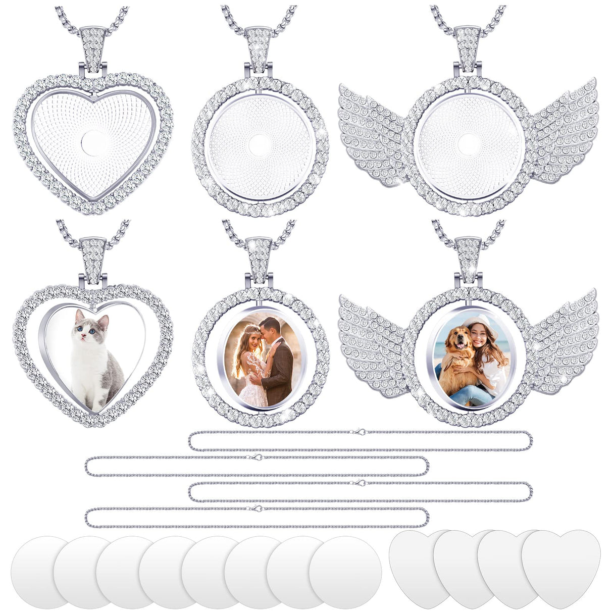 Junkin 24 Pcs Sublimation Rhinestone Trays Pendant Set, Including 6 Double Sided Blank Rhinestone Bezel Trays, 6 Pcs Thick Chains with 12 Sublimation Discs for Making (Silver) Junkin
