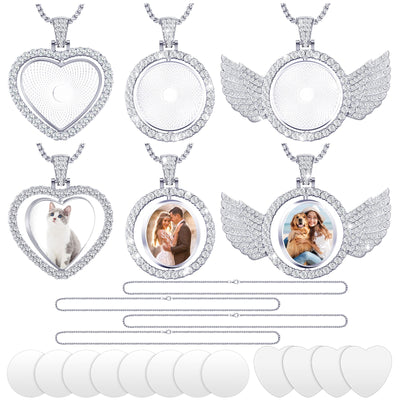 Junkin 24 Pcs Sublimation Rhinestone Trays Pendant Set, Including 6 Double Sided Blank Rhinestone Bezel Trays, 6 Pcs Thick Chains with 12 Sublimation Discs for Making (Silver)