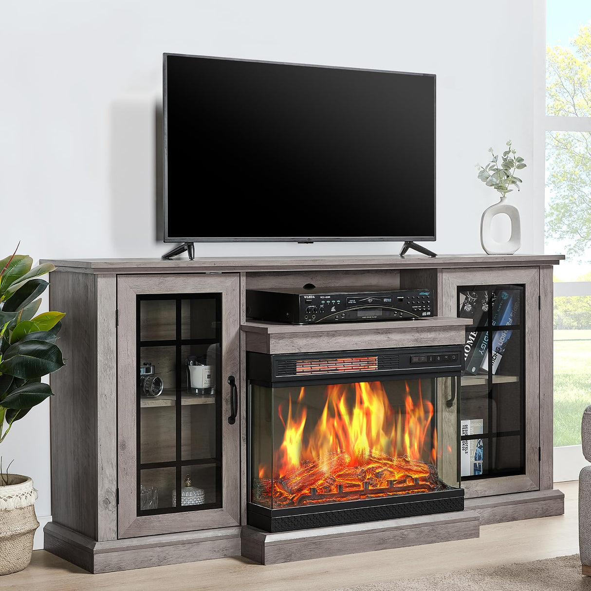 LUXOAK Fireplace TV Stand with 3-Sided Glass Electric Fireplace, 59" Media Entertainment Center with Farmhouse Glass Door Storage Cabinet, TV Console Table for TVs up to 65", Wash Gray LUXOAK