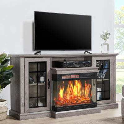 LUXOAK Fireplace TV Stand with 3-Sided Glass Electric Fireplace, 59" Media Entertainment Center with Farmhouse Glass Door Storage Cabinet, TV Console Table for TVs up to 65", Wash Gray