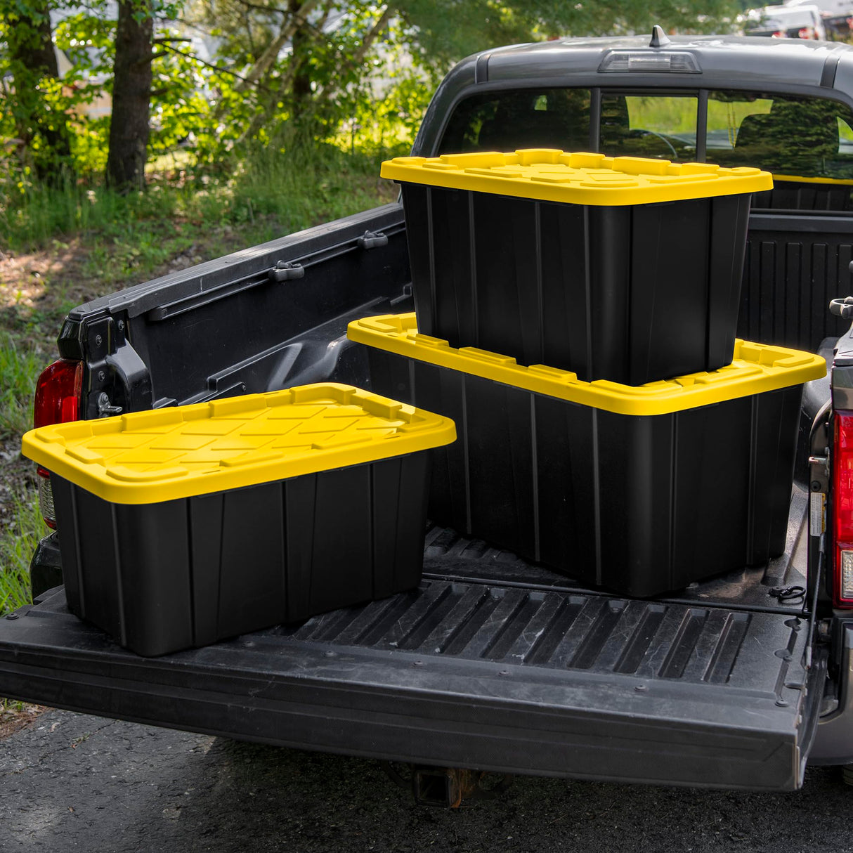 Sterilite 17 Gal Industrial Tote, Stackable Storage Bin with Snap-Fit Lid for Garage, Basement & Attic Storage, Black Base and Yellow Lily Lid, 6-Pack Sterilite