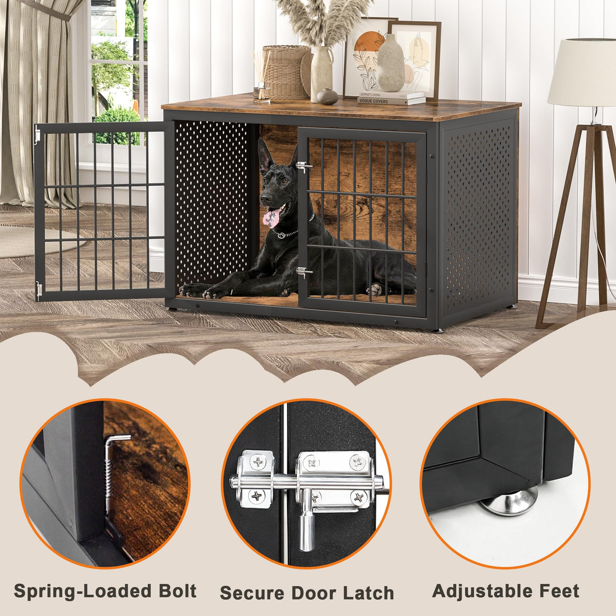 rehomerance Rustic Heavy Duty Dog Crate Furniture for Extra Large Dogs, 48" Indestructible Metal Kennel for High Anxiety Dogs, Wooden Cage Kennel Furniture Indoor, Decorative Dog Kennel End Table, XL rehomerance