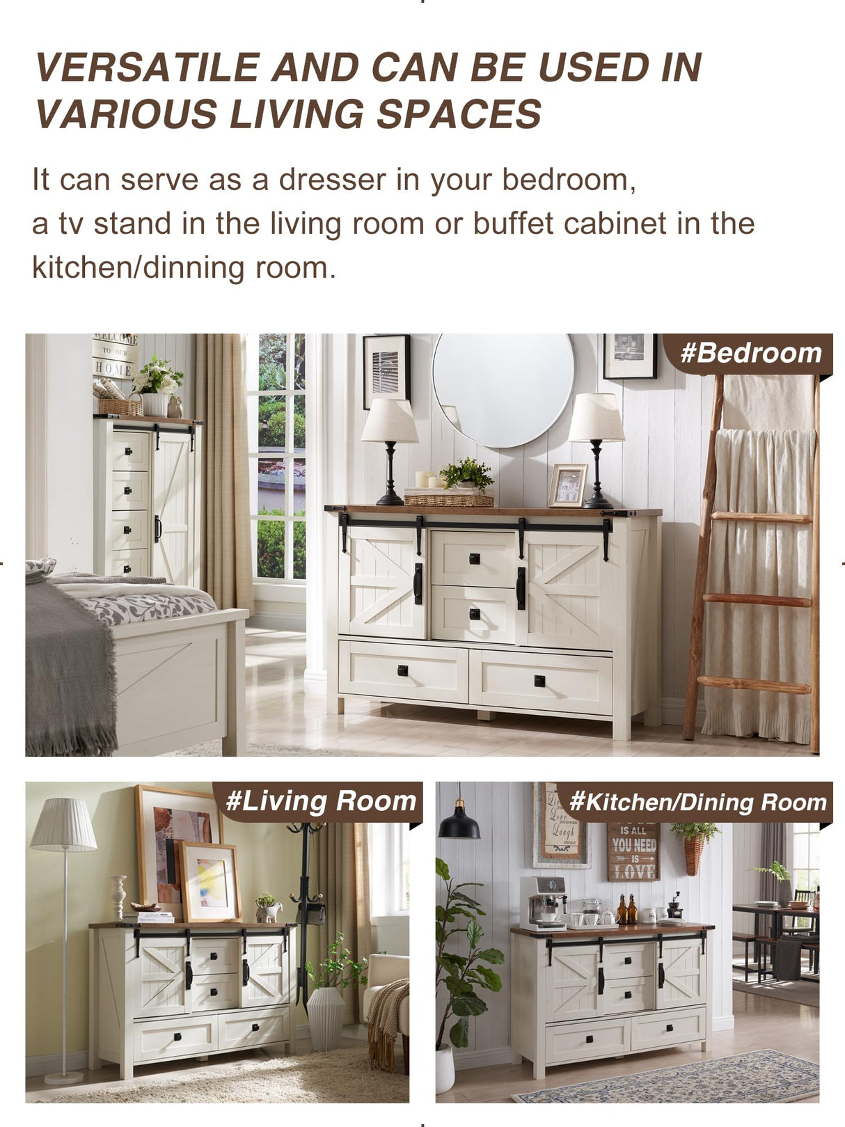 T4TREAM Farmhouse Dresser for Bedroom w/4 Drawers & Sliding Barn Doors, 48'' Wide Chest of Drawers, Rustic Dresser TV Stand w/Shelf, Dresser Organizer for Bedroom, Living Room, Entryway, Antique White T4TREAM