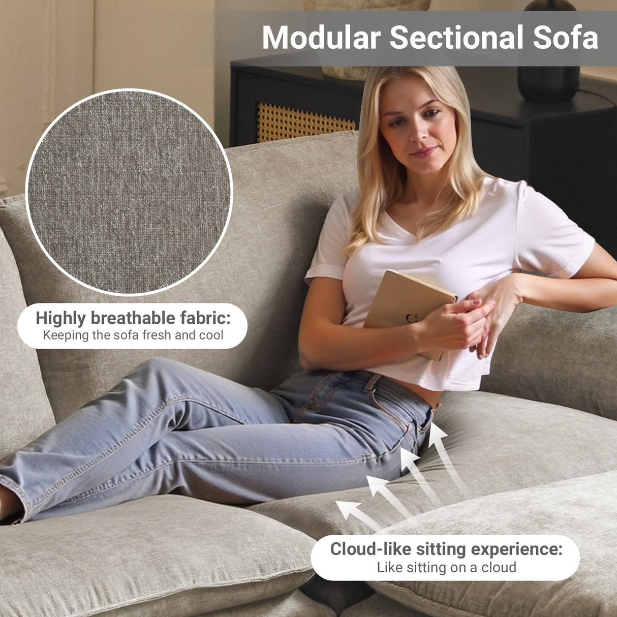 VINGLI 122" Cloud Double-Layer Deep Convertible Sectional Sofa, Comfy L-Shape 3-Seat Couches for Living Room, Modern Couch with Movable Ottoman for Small Space, Light Grey, Chenille VINGLI