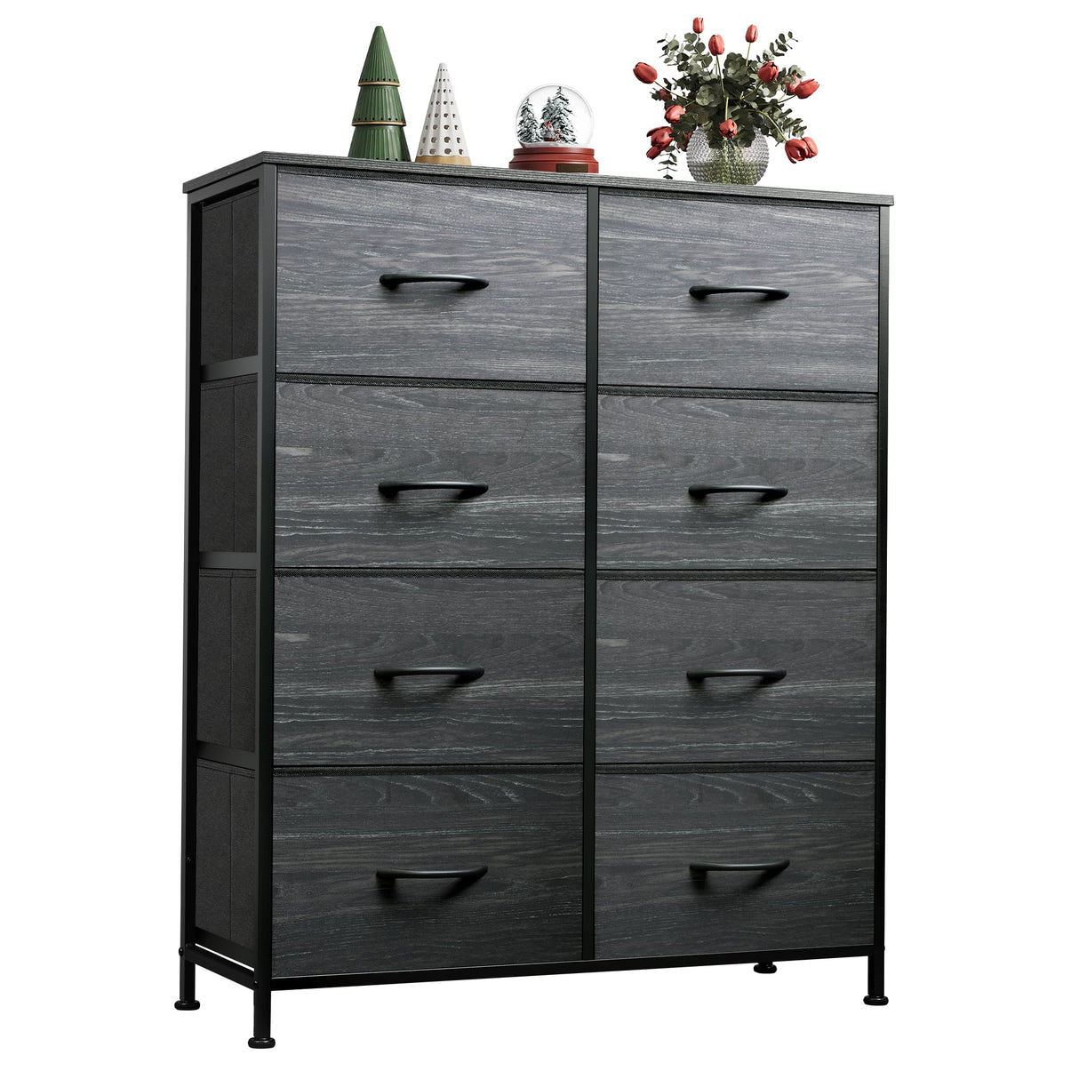 WLIVE Tall Fabric Dresser for Bedroom with 8 Drawers, Storage Tower with Bins, Double Dresser, Chest of Drawers for Closet, Living Room, Hallway, Charcoal Black Wood Grain Print WLIVE