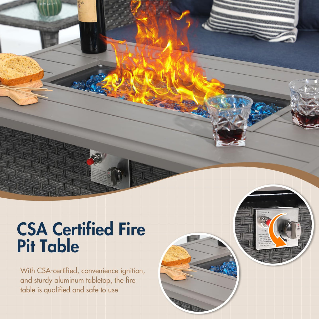 SUNSITT Outdoor Furniture Set with Fire Pit Table Wicker Patio Conversation Set 6-Piece Patio Sectional Furniture Set with Gas Firepit Grey Wicker & Denim Blue Cushion for Garden, Porch, Backyard SUNSITT