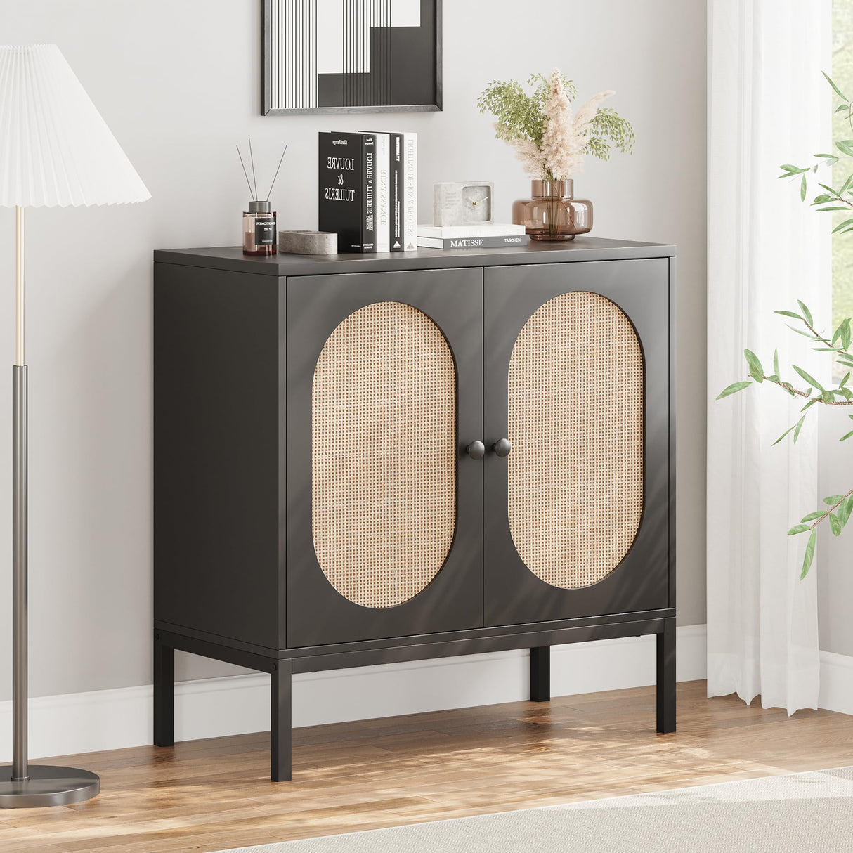 IDEALHOUSE Rattan Buffet Cabinet, Storage Cabinet with Doors and Shelves, Accent Cabinet Sideboard, Black Console Cabinet with Storage Entryway Cabinet for Living Room, Dining Room, Hallway (Black) IDEALHOUSE