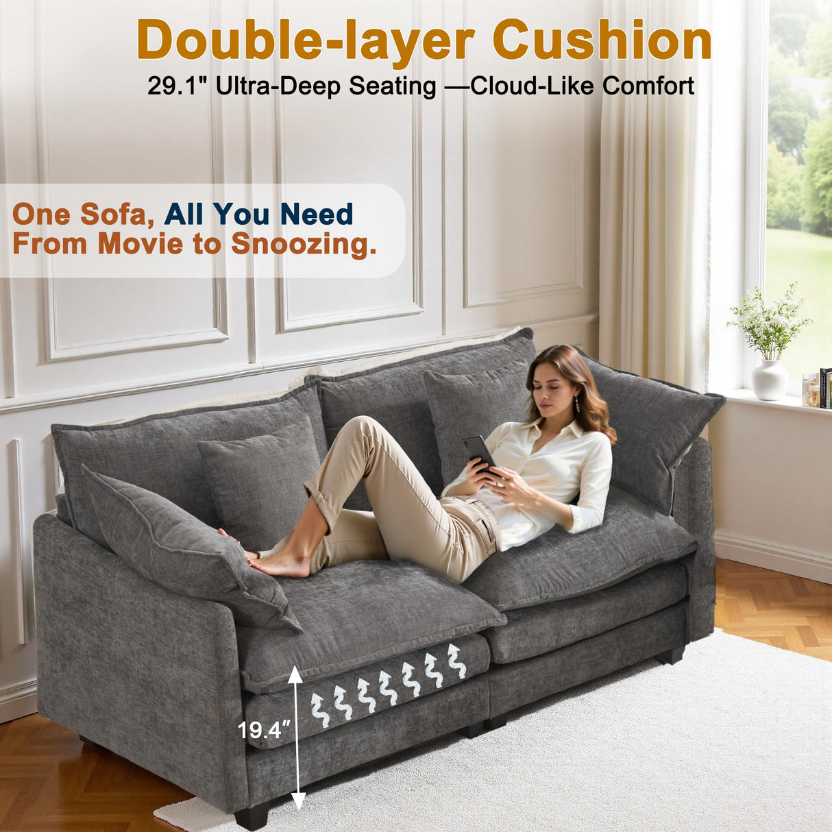 77" Cloud Chenille Sofa Set with Pillows, Deep Seat Loveseat Couch for Apartments, Space Saving 2-Seater with Solid Wood Frame, Easy Assembly (1YR Guarantee) MUDANT