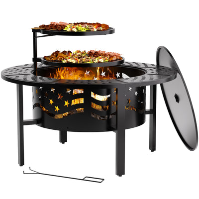 PrimeZone 42" Outdoor Fire Pit with 2 Grills - Wood Burning Firepit for Outside with Cover & Poker, Heavy Duty Metal Fire Pit Large Round Fireplace for Patio, Backyard, Picnic, Camping, Bonfire