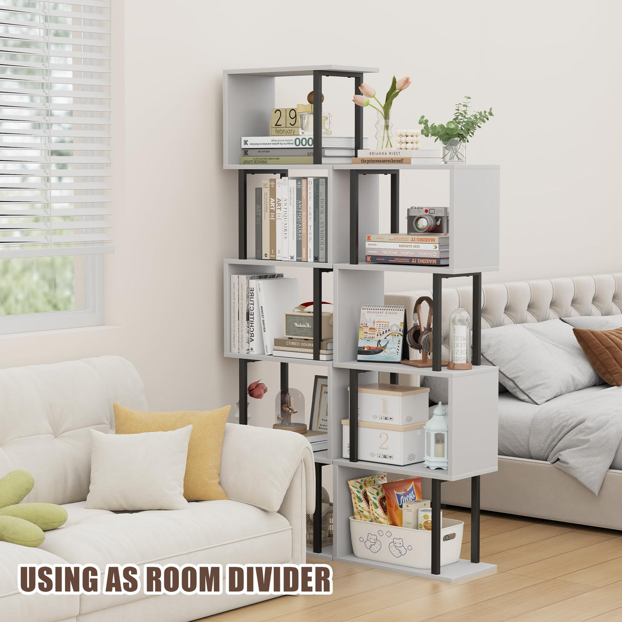 Gadroad 5-Tier Bookshelf, Narrow S-Shaped Geometric Bookcase, Wood Decorative Storage Shelving, Modern Freestanding Display Shelves, Book Shelf Unit for Living Room Bedroom Home Office, White Gadroad