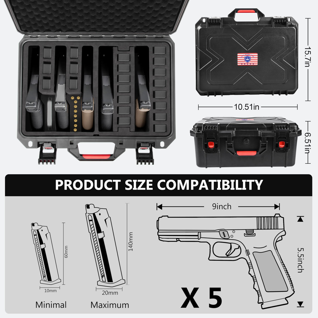 Kinghardcase Gun Cases for Handguns, 5 Pistol Case & 21 Magazine Pre-Cut Multiple Pistols Shockproof Waterproof Hard Pistol Cases with Desiccant TSA Approved Firearm Travel Case Kinghardcase