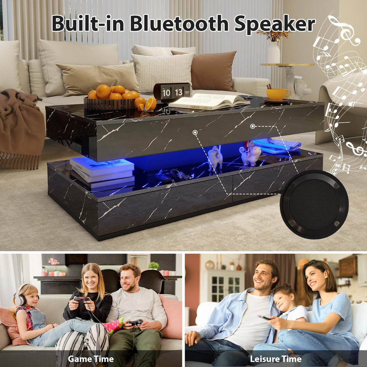 47inch High Glossy LED Coffee Table with Wireless Charging and Speaker, Modern Coffee Table With 2 Sliding Drawers, Double-Layer Center Tables with LED Light, Marble CoffeeTable for Living Room, Black PPorfamilia
