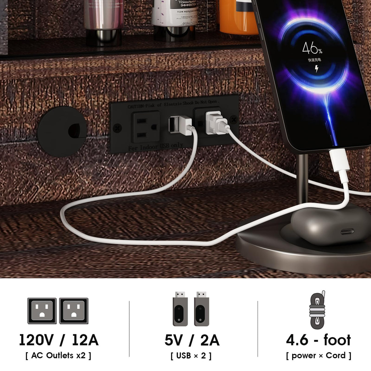 Fameill 45.5'' Farmhouse Makeup Vanity Desk with Sliding Mirror, Vanity Table with 3 Drawers and 2 Cabinets, Charging Station & LED Lights, Storage Shelves, Stool Included, Dressing Table for Bedroom Fameill