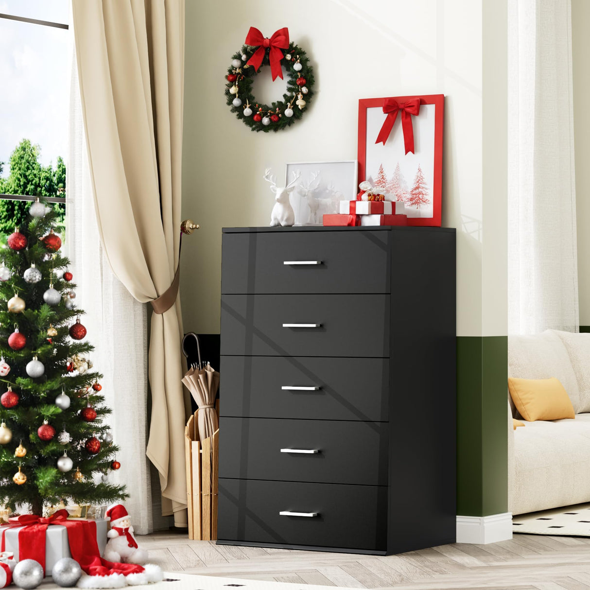 TTVIEW Tall Black Dresser, 5 Drawer Dressers with Large Capacity, Tall Dresser with Metal Handles, Chest of Drawers Cabinet Wood Dressers for Hallway Living Room TTVIEW
