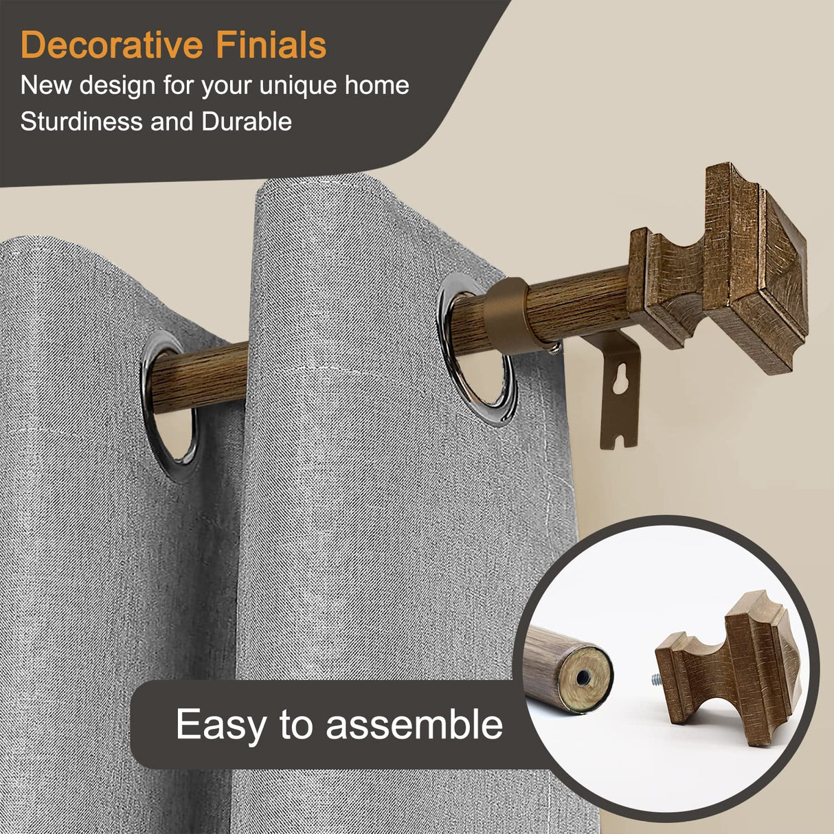 Wood Curtain Rods for Windows 32 to 88 Inch, 1 Inch Diameter Wood Decorative Treatment Single Window Curtain Rods - Square Imitation Wood Grain Finial 1 Pack QITERI