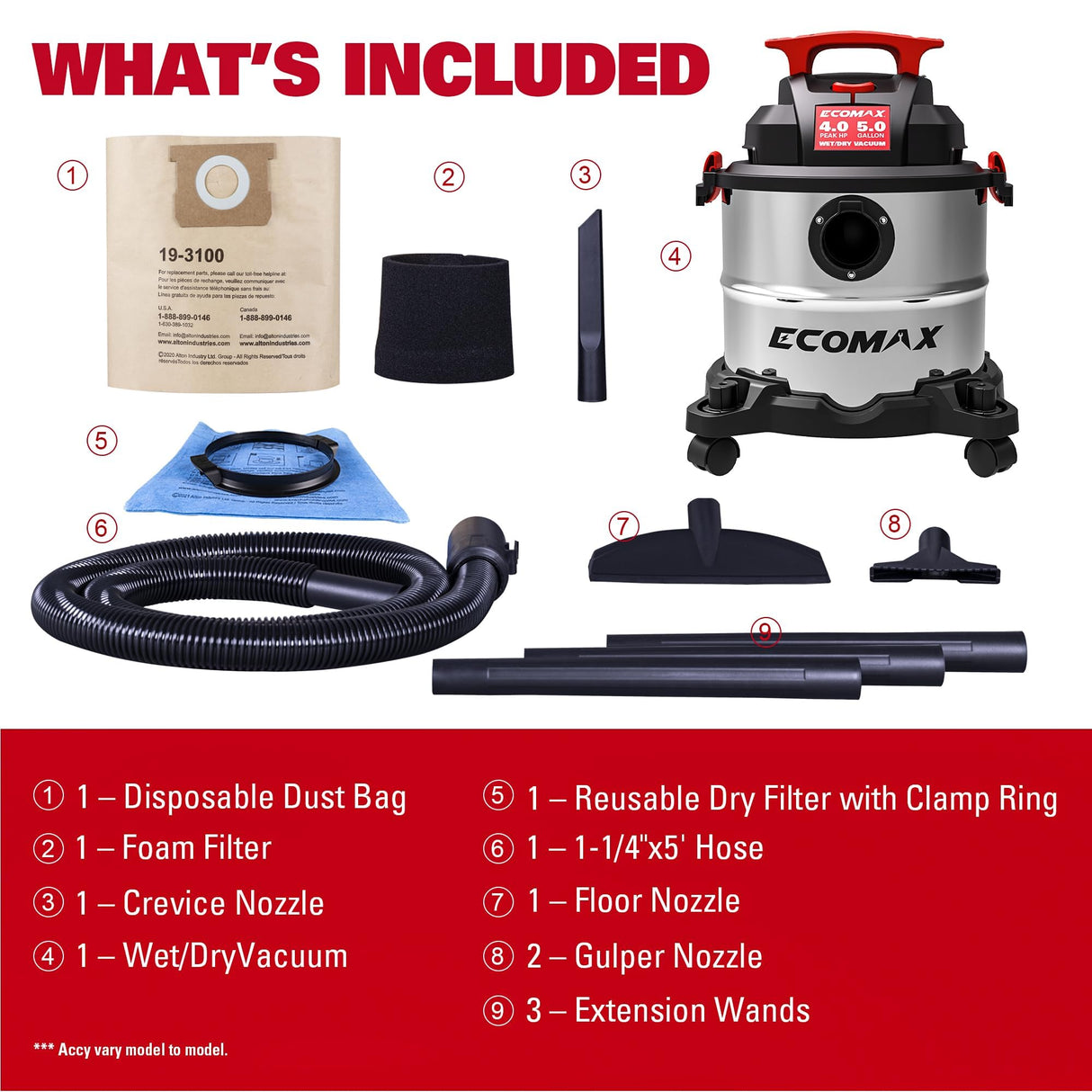 ECOMAX Wet Dry Vac 5 Gallon, 4 Peak HP, Portable Stainless Steel Shop Vacuum Wet/Dry with Powerful Suction-85 CFM, 3-in-1 Wet/Dry/Blow, Shop Vacuum for Home, Workshop, Jobsite, EM18115 ECOMAX