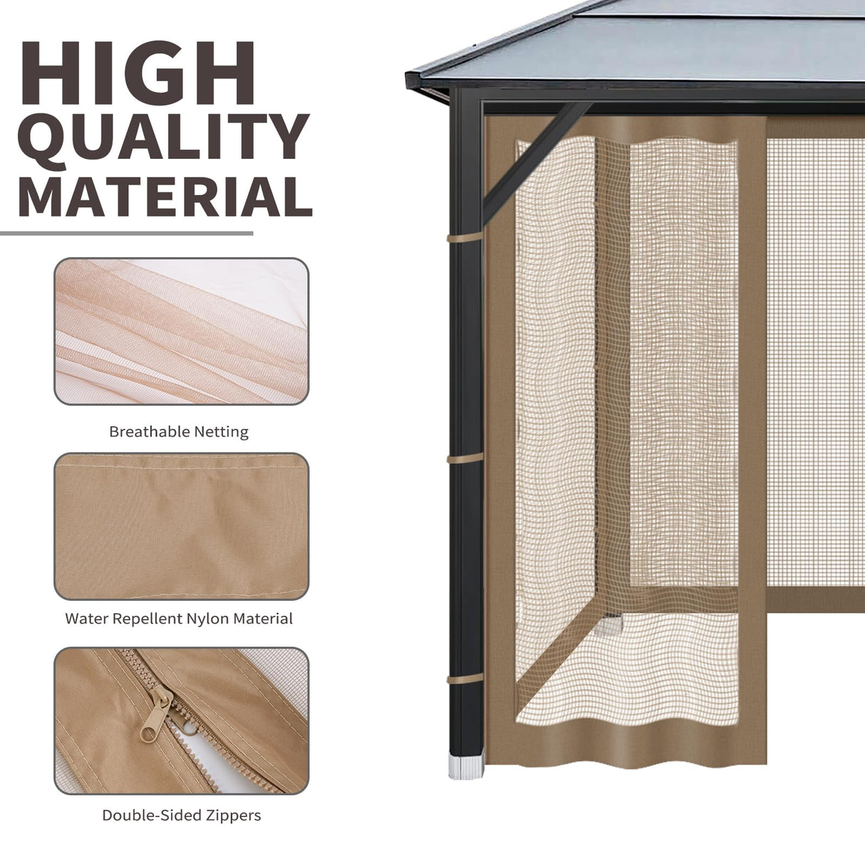 OIPUNSHLE Gazebo Universal Replacement Mosquito Netting, 10'x12' Gazebo Netting Outdoor, 4-Panel Screen Walls for Outdoor Patio with Zipper (Mosquito Net Only) (Brown) OIPUNSHLE