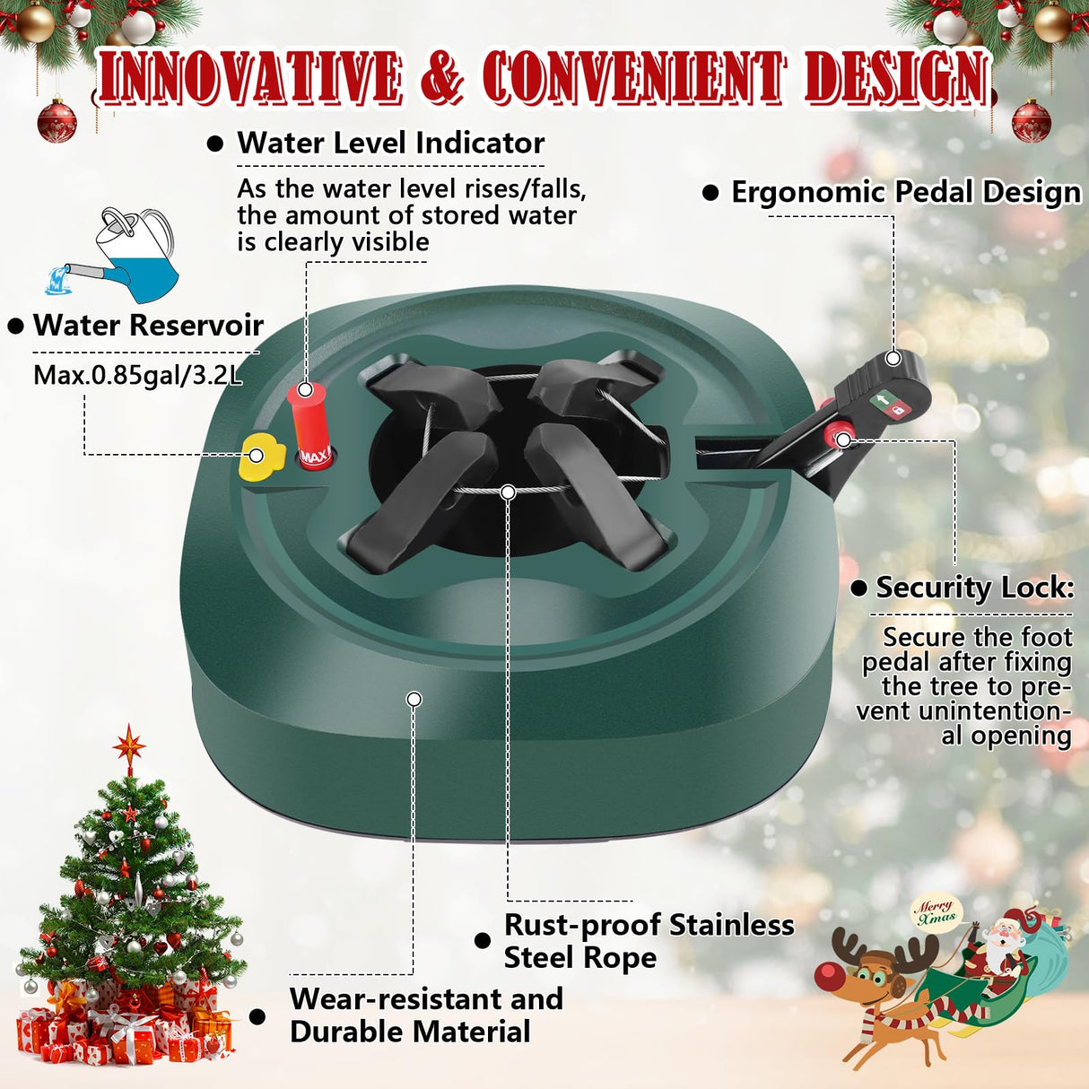 Christmas Tree Stand for Real Trees, Heavy Duty Live Christmas Tree Stand Fits 7.5 Ft Tree with 1.2-5 In Diameter, Easy Setup Christmas Tree Base Holder Stand With Water Level Indicator, Fast Clamp ANGAR