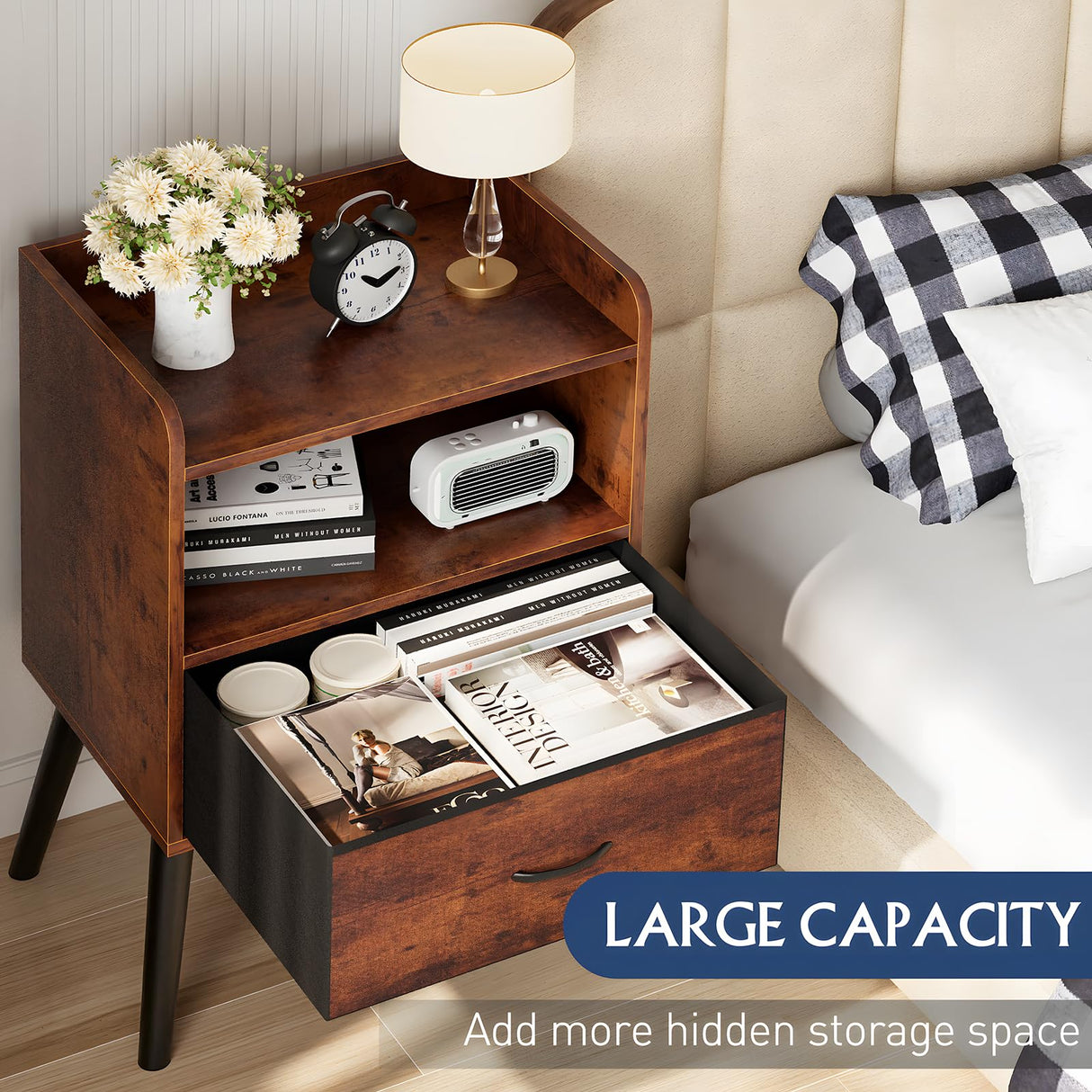 Huhote NightStand with Open Shelf,Night Stand with Drawer Storage Side Table End Table,Bedside Table with Solid Wood Feet,Mid Century Night Stands for Bedroom Sofa Couch Small Spaces(Brown) Huhote