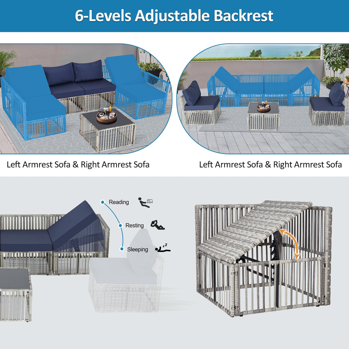 FHFO 7 Pieces Outdoor Patio Furniture Set, Wicker Outdoor Sectional Conversation Couch Set with Adjustable Backrest Sofa, Thick Cushion & Coffee Table for Garden, Porch, Poolside, Grey/Blue FHFO