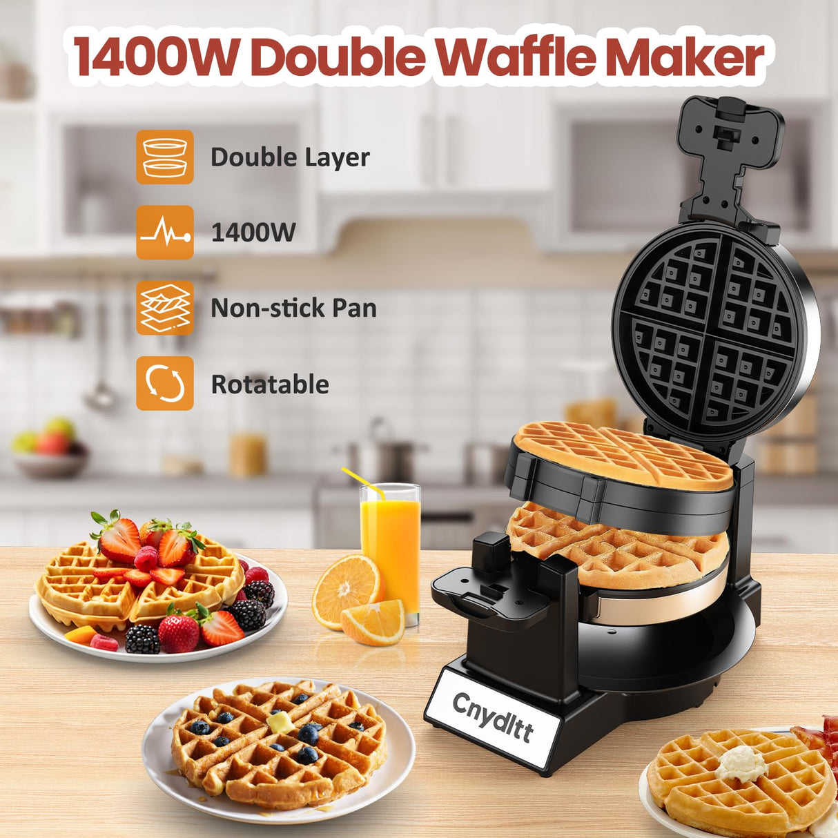 Cnydltt Double Waffle Maker, 1400W Rotating Belgian Waffle Iron with Nonstick Plates, 180° Flip, 8-Slice, Removable Drip Tray, Locking Lid & Cool Touch Handles, Stainless, Black Cnydltt