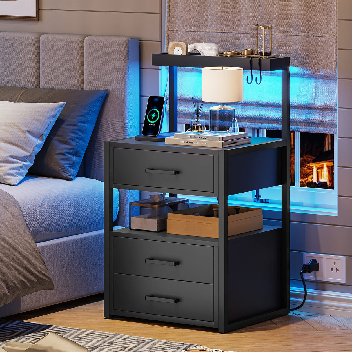 Nightstand with Charging Station and LED Lights, LED Night Stand with 2 USB Ports and 2 AC Outlets, Modern End Table with 3 Drawers, Bedside Table with Open Storage for Bedroom, Black AOGLLATI