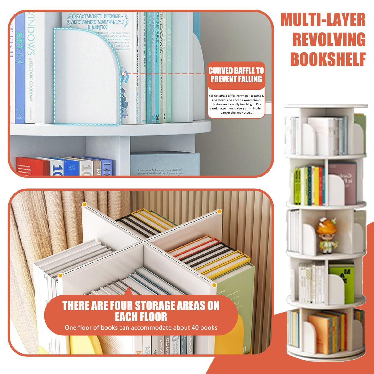 LINLIUA 360° Rotating Bookshelf for Kids & Adults - 4/5 Tier Floor Standing Storage Rack in Grey LINLIUA