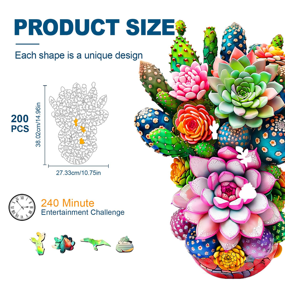 Wooden Jigsaw Puzzles for Adults and Kids, Cactus Flower 200 Piece Unique Shaped Puzzle, Family Game and Creative Wooden Puzzle Gift, Wall Art Decor, 11 x 15 Inch SAWZOO