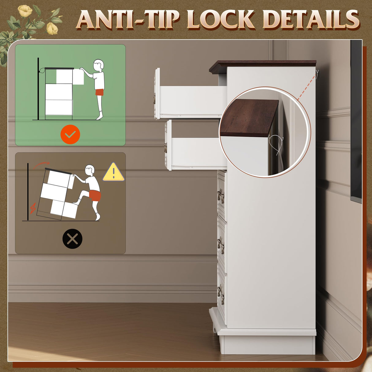 WLIVE Farmhouse Dresser for Bedroom, Wood Dresser with 5 Drawer, Chest of Drawers with Roman Metal Handle for Living Room, White WLIVE