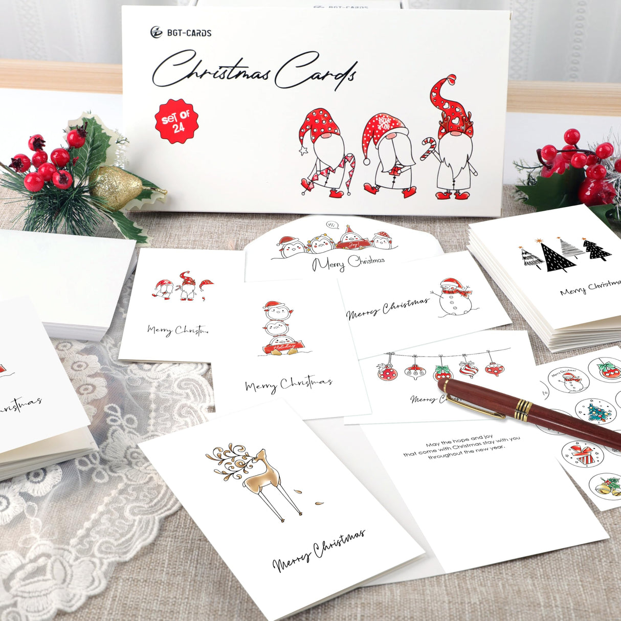 Christmas Cards - Pack of 24, 6 Assorted Designs Merry Christmas Cards with Envelopes - Bulk Greeting and New Years Cards - Perfect to Send Warm Holiday Wishes to Friends and Family - 4" x 6" BGTCARDS