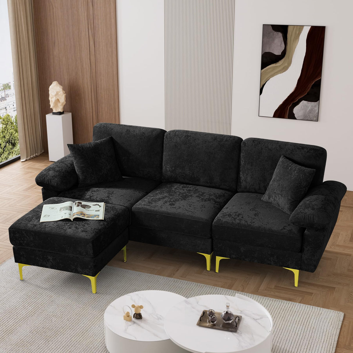 OUYESSIR L Shaped Sectional Sofa Couch, 3 Seat Velvet Sofa with Ottoman and Pillows, Upholstered Comfy Couch Sleeper for Living Room, Bedroom, 91 inches (Black) OUYESSIR