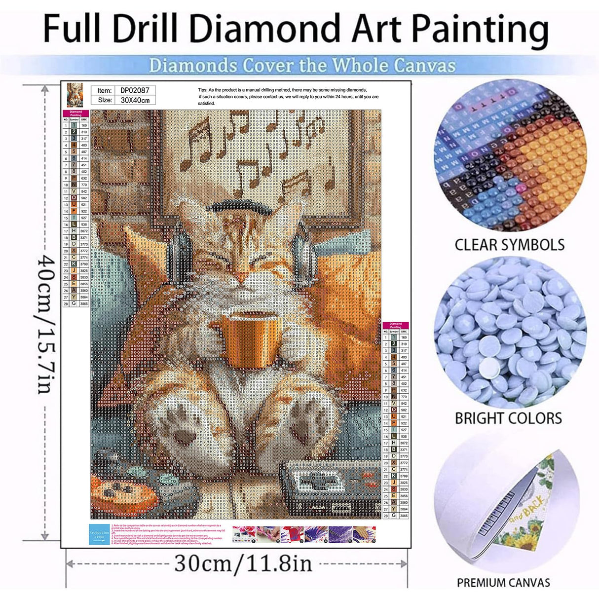 RYMILIE Cat Diamond Art Kits for Adults,Music Diamond Painting Kits for Beginners,DIY 5D Coffee Diamond Painting Kit for Home Wall Decor Gifts【11.8x15.7Inch】 RYMILIE