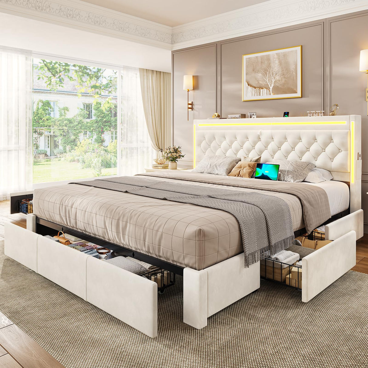 BTHFST King Upholstered LED Bed Frame with 5 Drawers, Velvet Hidden Storage Headboard with Charging Station, Button Tufted Headboard and Heavy Duty Metal Slats Support, No Box Spring Needed, Beige BTHFST