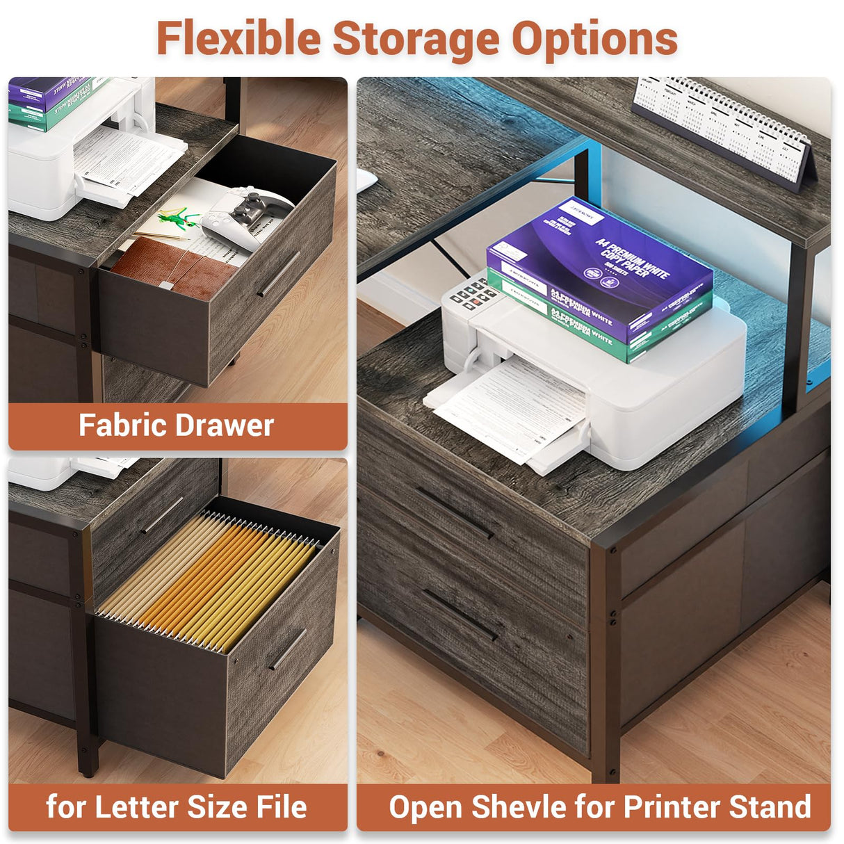 Aheaplus L Shaped Desk with File Drawer, 66" Reversible L Shaped Computer Desk with Power Outlet & LED Strip, Gaming Desk with Long Monitor Stand, Office Desk Corner Desk with Storage Shelf, Grey Oak Aheaplus