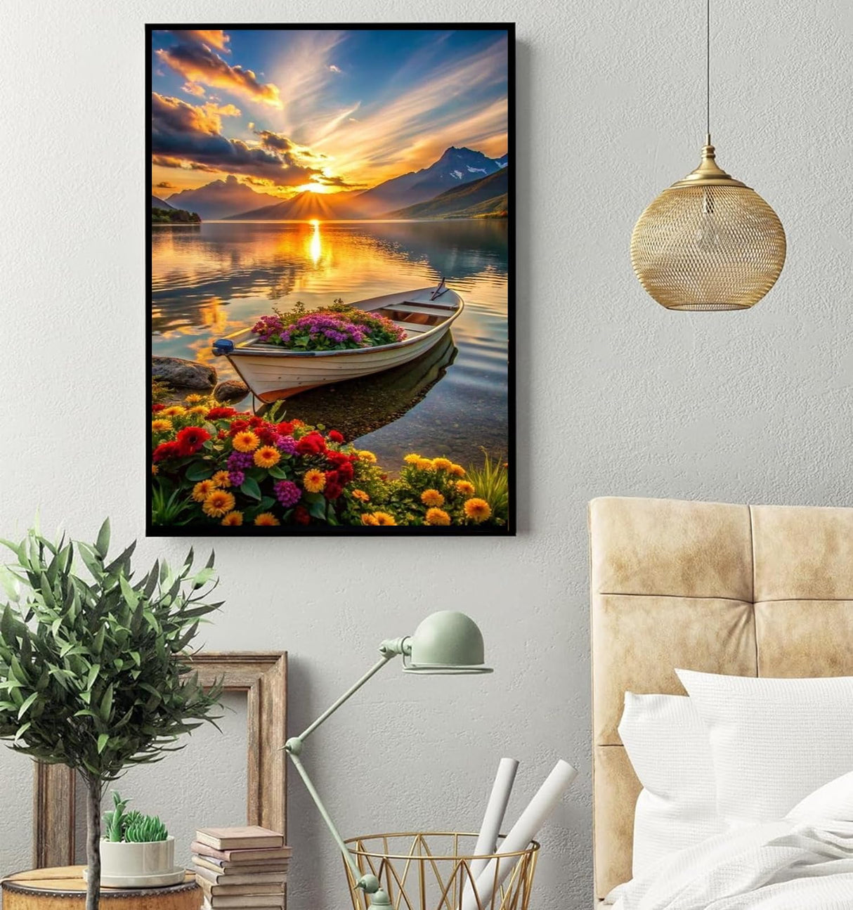 hyzsj 5D Lake Boat Diamond Art Painting,Large Diamond Painting Kits for Adults Sunset,DIY Full Drill Crystal Rhinestone Arts,Gem Art Painting with Diamond Home Wall Decor(27.5 X 15.7inch) hyzsj