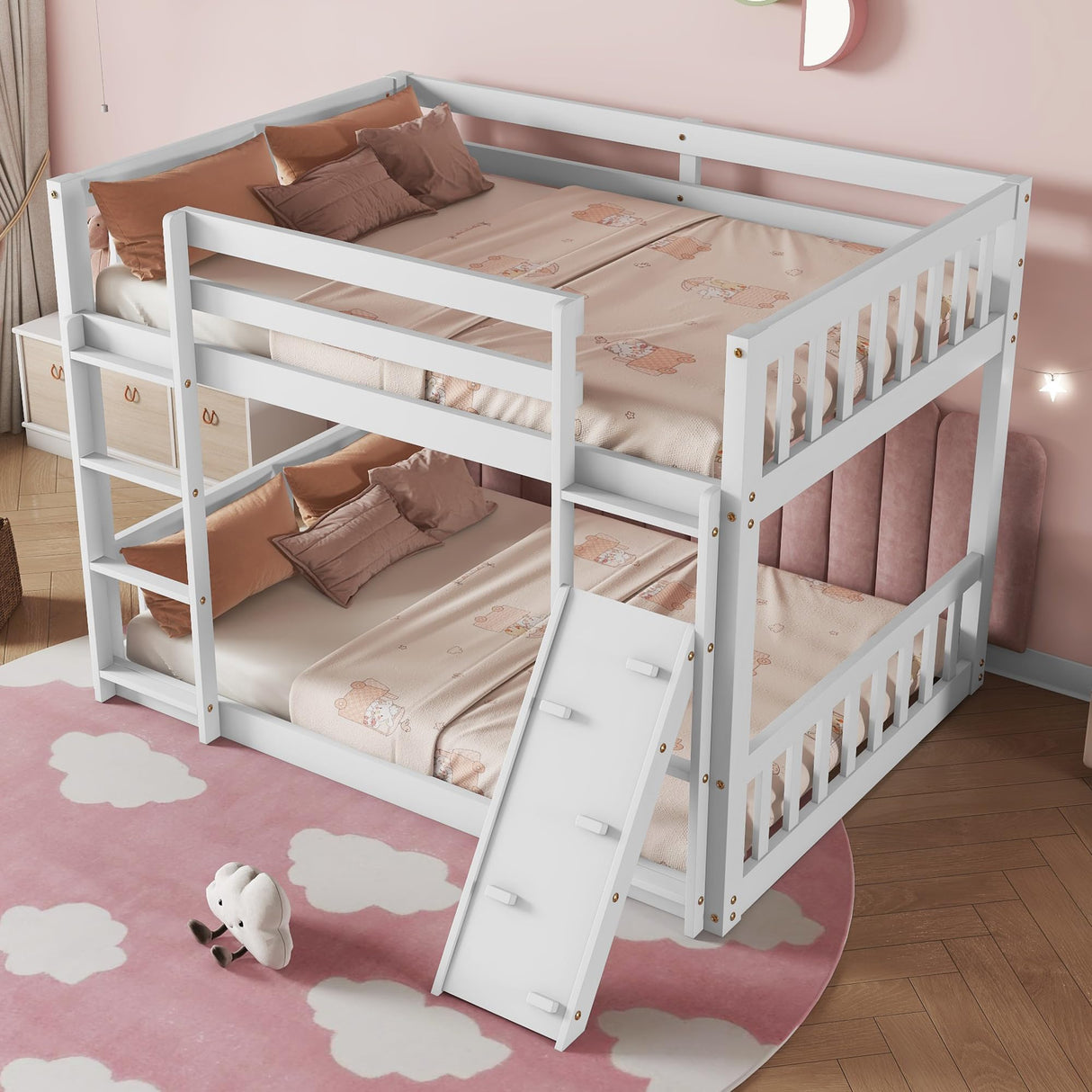 Twin Over Twin Floor Bunk Bed, Wooden Twin Loft Bed Frame with Climbing Ramp and Ladder, Heavy Duty Low Bunk Bed with Guardrail, Modern Twin Floor Bed for Teens and Adults, Space Saving, White Ziraukon