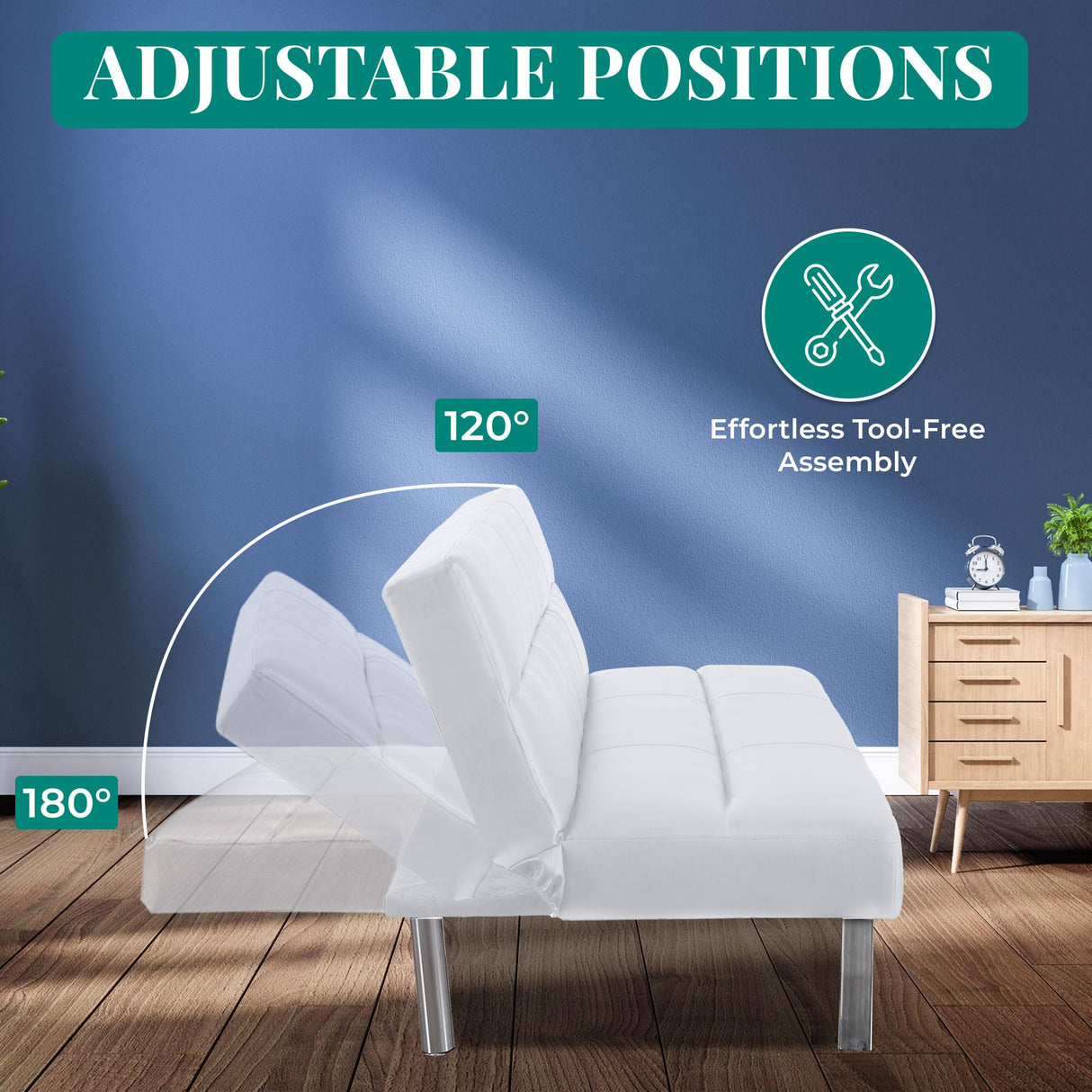 Naomi Home Faux Leather Futon Couch, Modern Convertible Folding Sofa Bed Couch Futon Sofa Bed with Chrome Legs, Reclining Mini Couch, Leather Futon Small Couch for Bedroom Living Room White Naomi Home