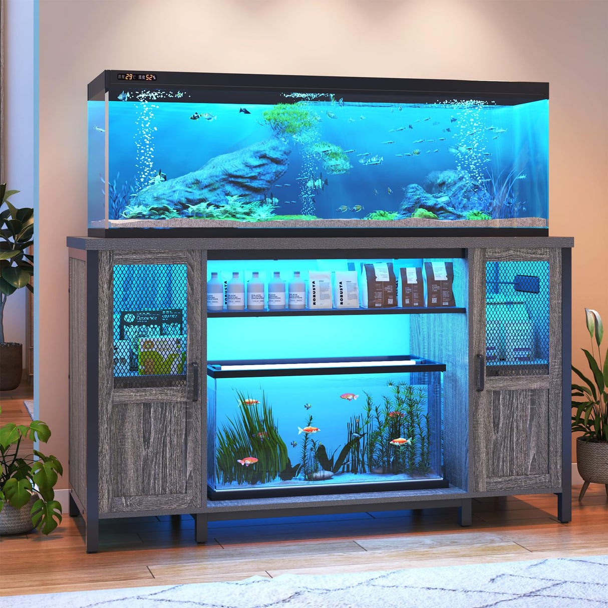 Hlivelood 55-75 Gallon Fish Tank Stand with Power Outlet&LED Lights, Heavy Duty Metal Aquarium Stand for 2 Fish Tank Accessories Storage, Suit for Turtle Tank, Reptile Terrarium, 880lbs Capacity, Grey Hlivelood
