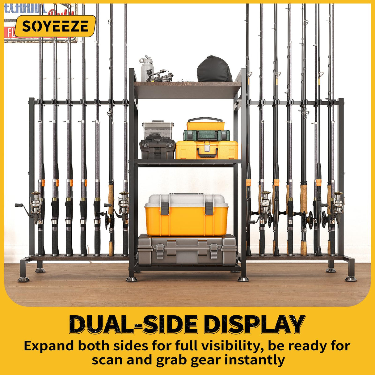 SOYEEZE Fishing Rod Holder for 28 Rods, Ground Stand Fishing Pole Holders for Garage, 3-Sided Vertical Fish Rod Rack for Tackle Box, Fishing Supplies,a Display Fish Gear Storage Gift for Man SOYEEZE
