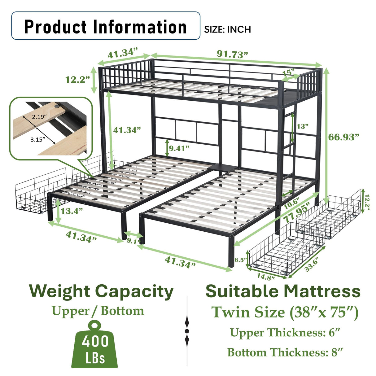 UOCFYK Twin L-Shaped Triple Bunk Bed with Drawers,Can be Divided into 3 Separate Beds w/Safety Textilene Guardrals & Ladder,Space Saving Design for 3 Kids & Teens, No Box Spring Needed, Black UOCFYK