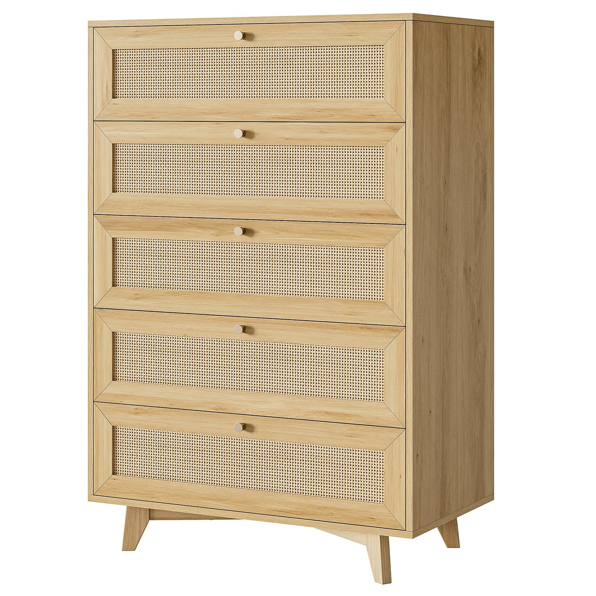 AOGLLATI Rattan Dresser for Bedroom with 5 Drawer, Modern Double Wooden Tall Bedroom Dresser, Chest of Drawers with Metal Handle & Solid Wood Legs for Bedroom/Living Room, AOGLLATI